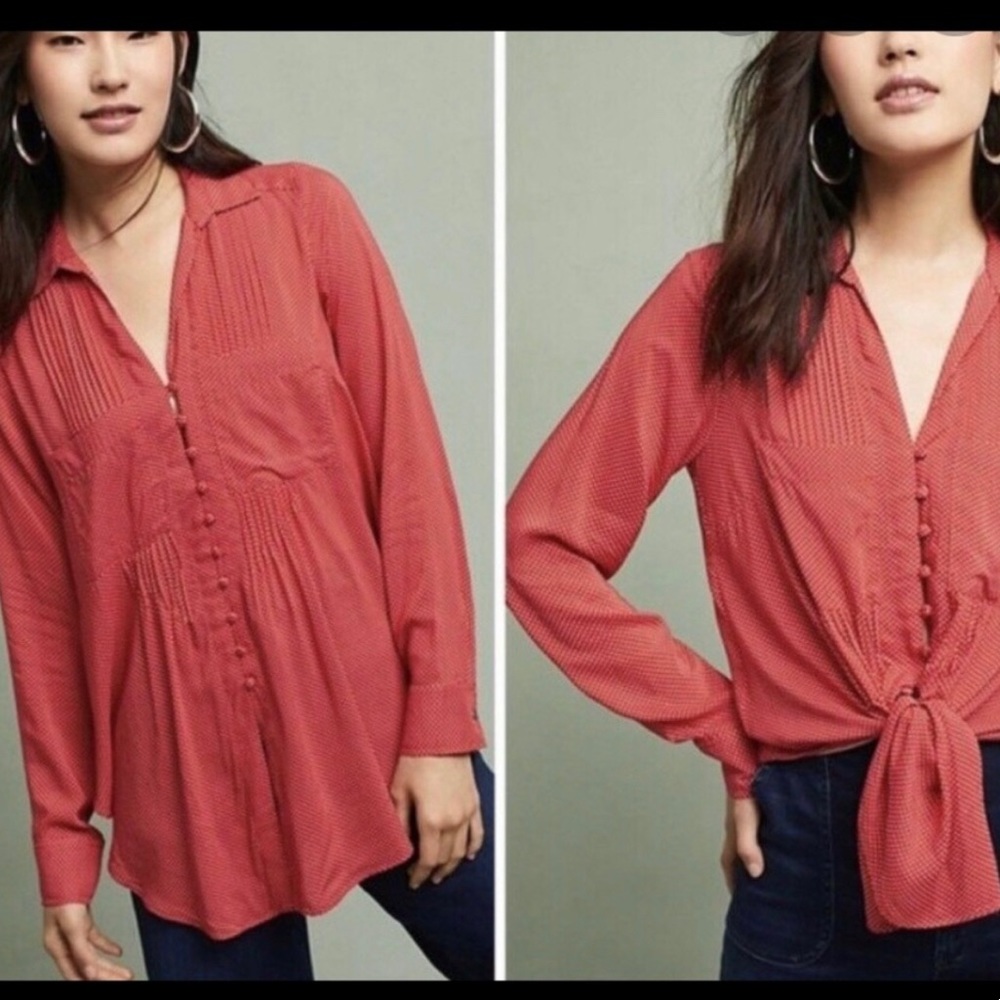 Anthropologie Maeve red micro polka dot blouse